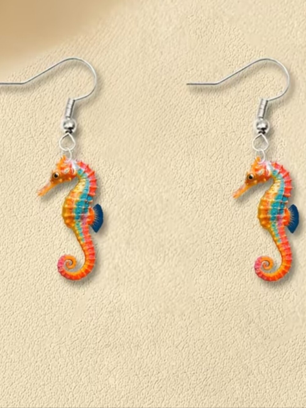 Hand Crafted Colorful Seahorse Dangle Earrings - Orange Blue Pink